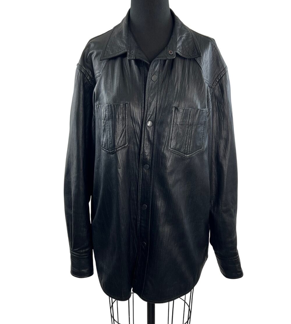 Jhane Barnes Black Western Shirt Jacket Soft Lamb Leather Snap-Button Sz 42 RARE